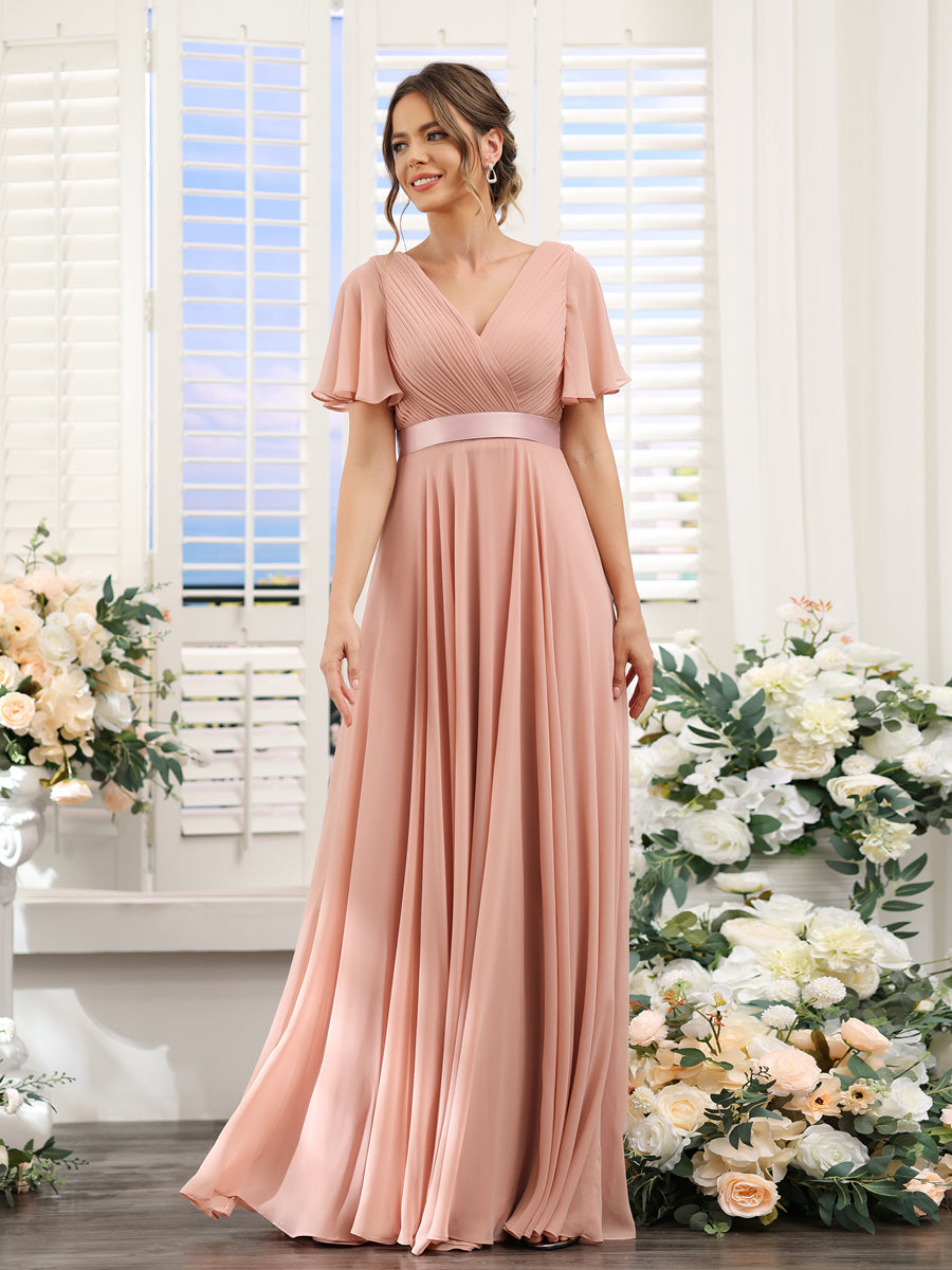 Vestidos de Dama de Honra Em Chiffon com Mangas Curtas e Decote Em V com Bolsos