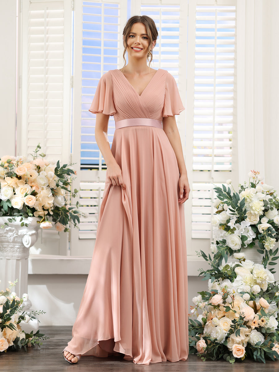 Vestidos de Dama de Honra Em Chiffon com Mangas Curtas e Decote Em V com Bolsos