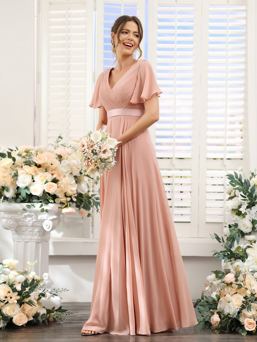 Vestidos de Dama de Honra Em Chiffon com Mangas Curtas e Decote Em V com Bolsos
