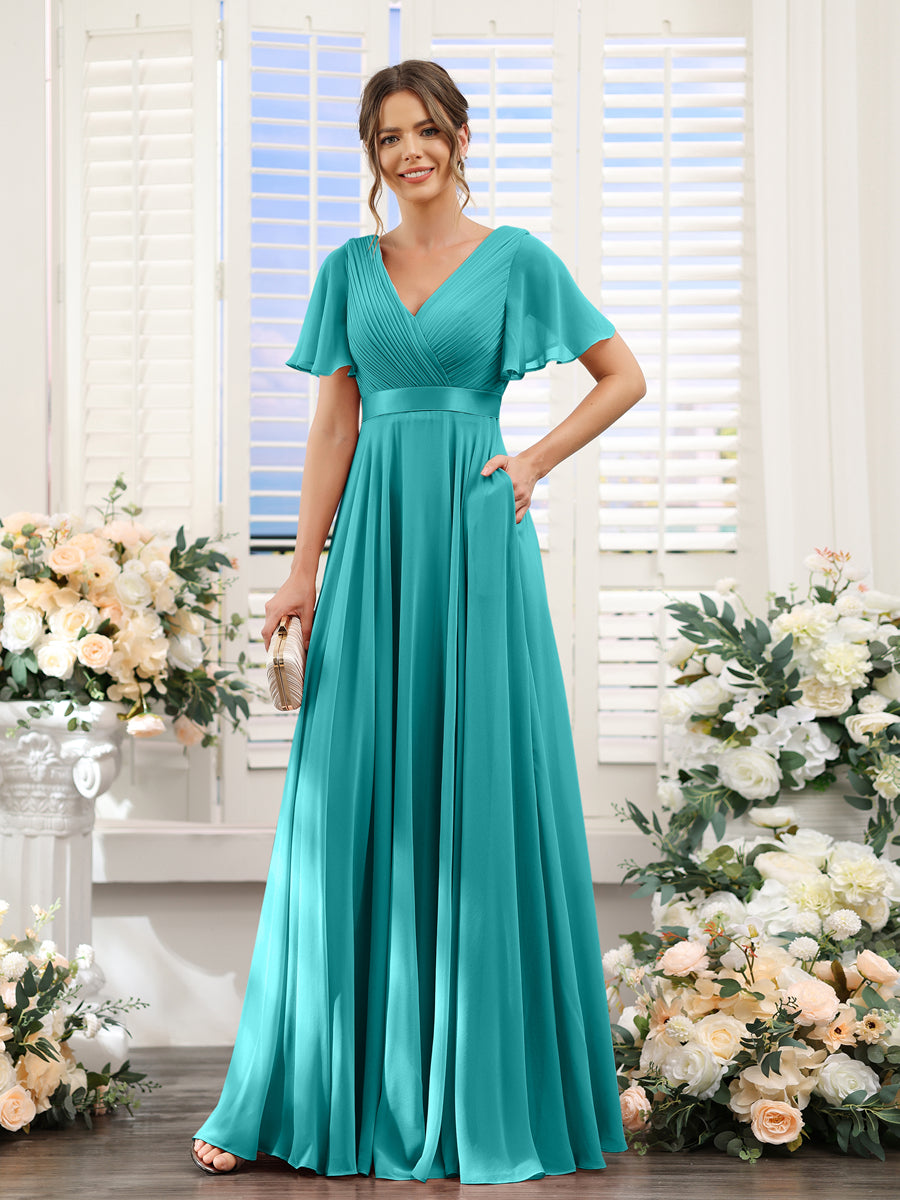 Vestidos de Dama de Honra Em Chiffon com Mangas Curtas e Decote Em V com Bolsos
