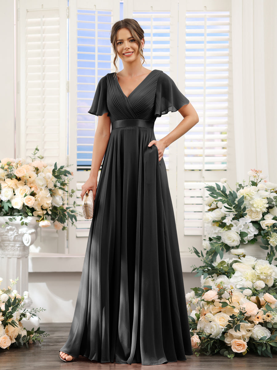 Vestidos de Dama de Honra Em Chiffon com Mangas Curtas e Decote Em V com Bolsos