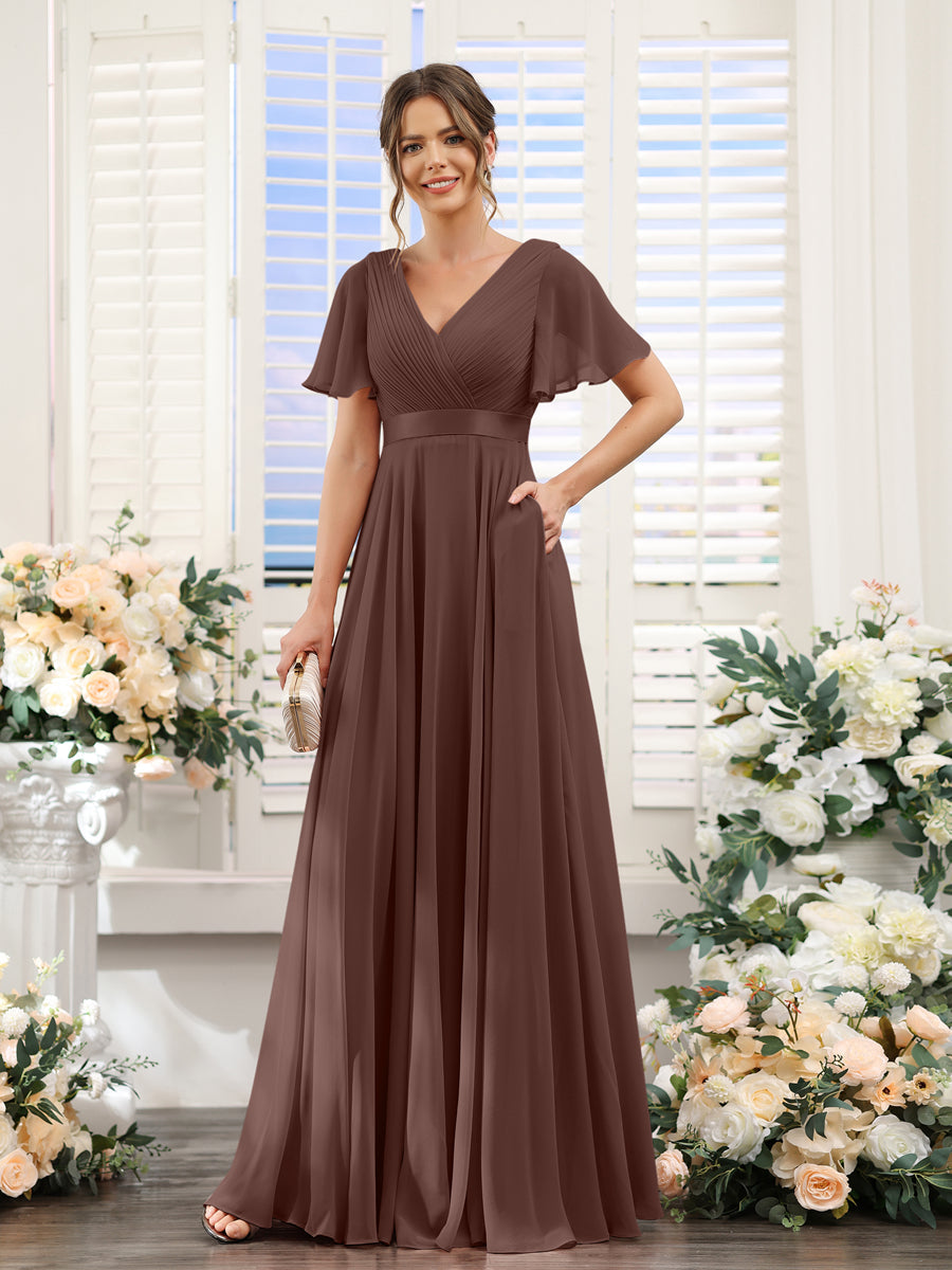 Vestidos de Dama de Honra Em Chiffon com Mangas Curtas e Decote Em V com Bolsos