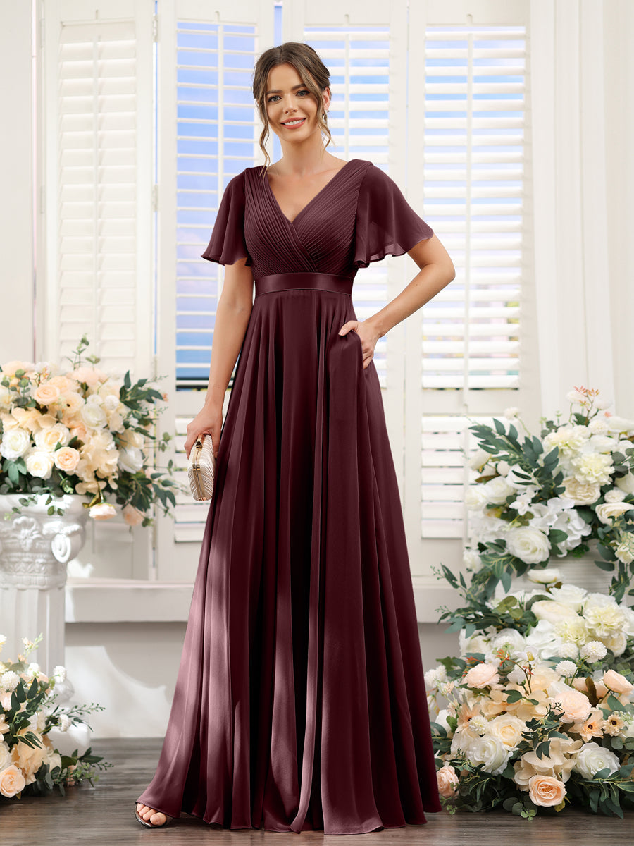Vestidos de Dama de Honra Em Chiffon com Mangas Curtas e Decote Em V com Bolsos