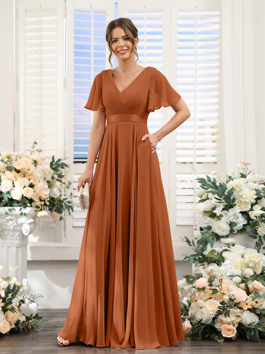 Vestidos de Dama de Honra Em Chiffon com Mangas Curtas e Decote Em V com Bolsos