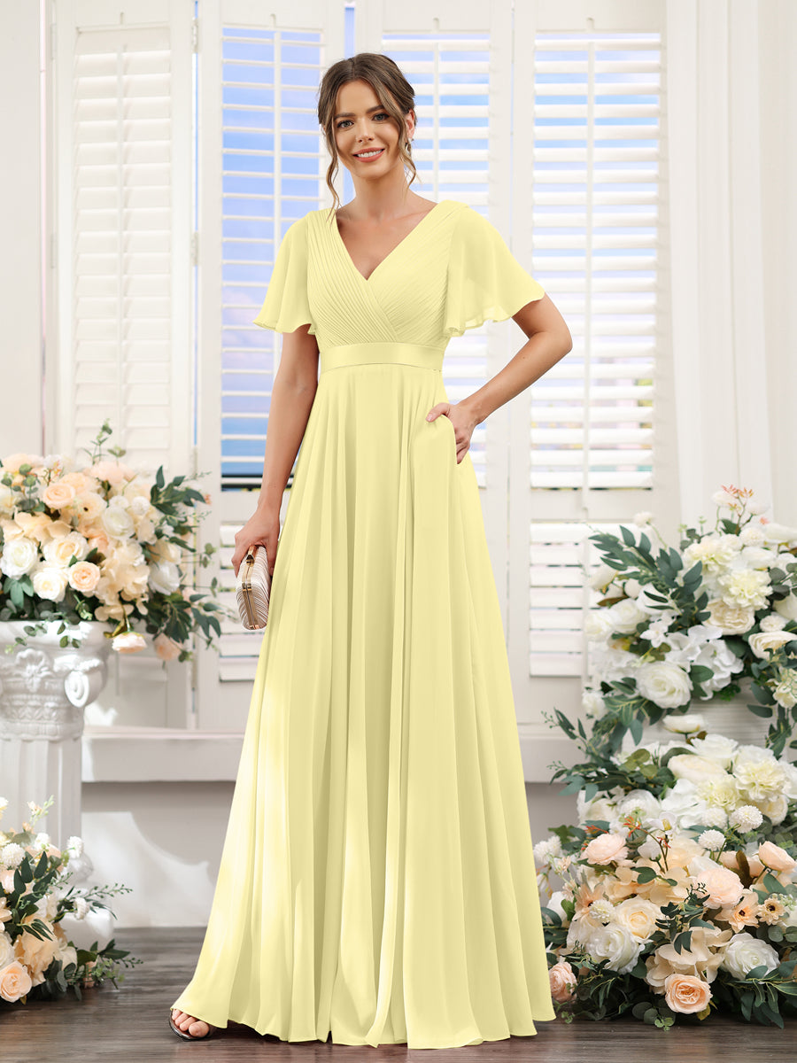 Vestidos de Dama de Honra Em Chiffon com Mangas Curtas e Decote Em V com Bolsos