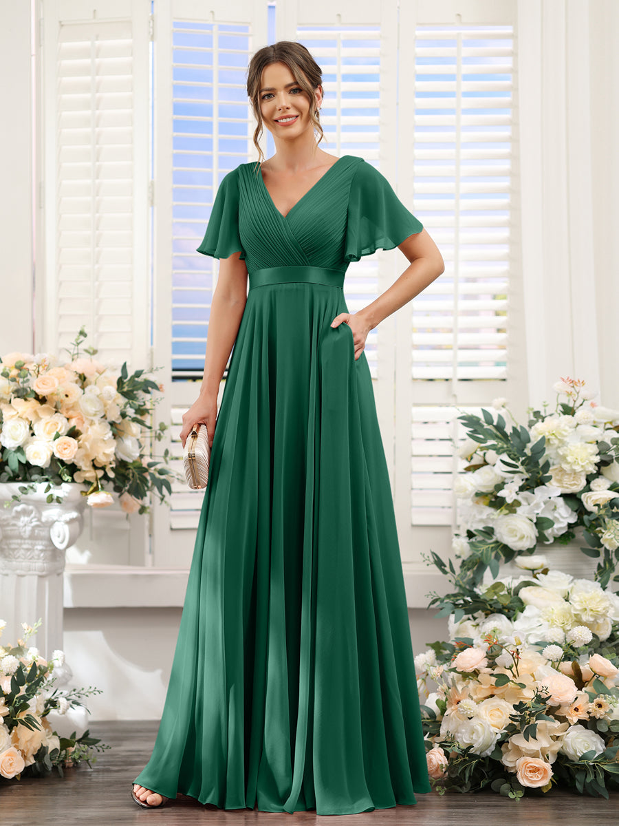Vestidos de Dama de Honra Em Chiffon com Mangas Curtas e Decote Em V com Bolsos