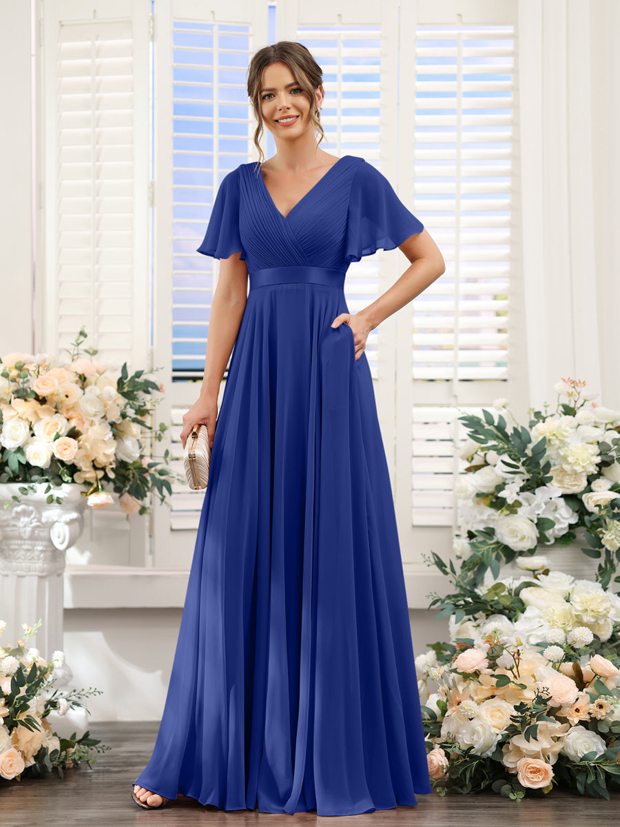 Vestidos de Dama de Honra Em Chiffon com Mangas Curtas e Decote Em V com Bolsos