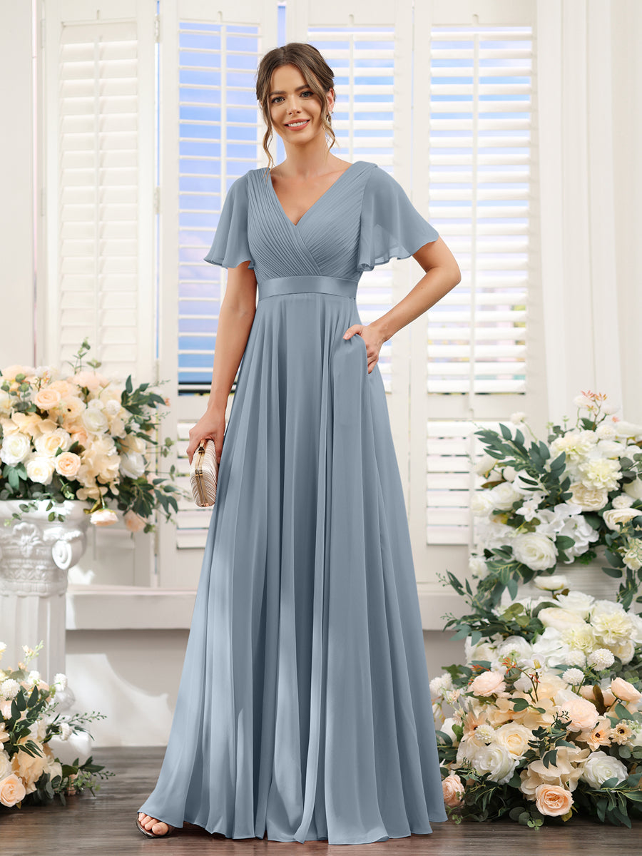 Vestidos de Dama de Honra Em Chiffon com Mangas Curtas e Decote Em V com Bolsos