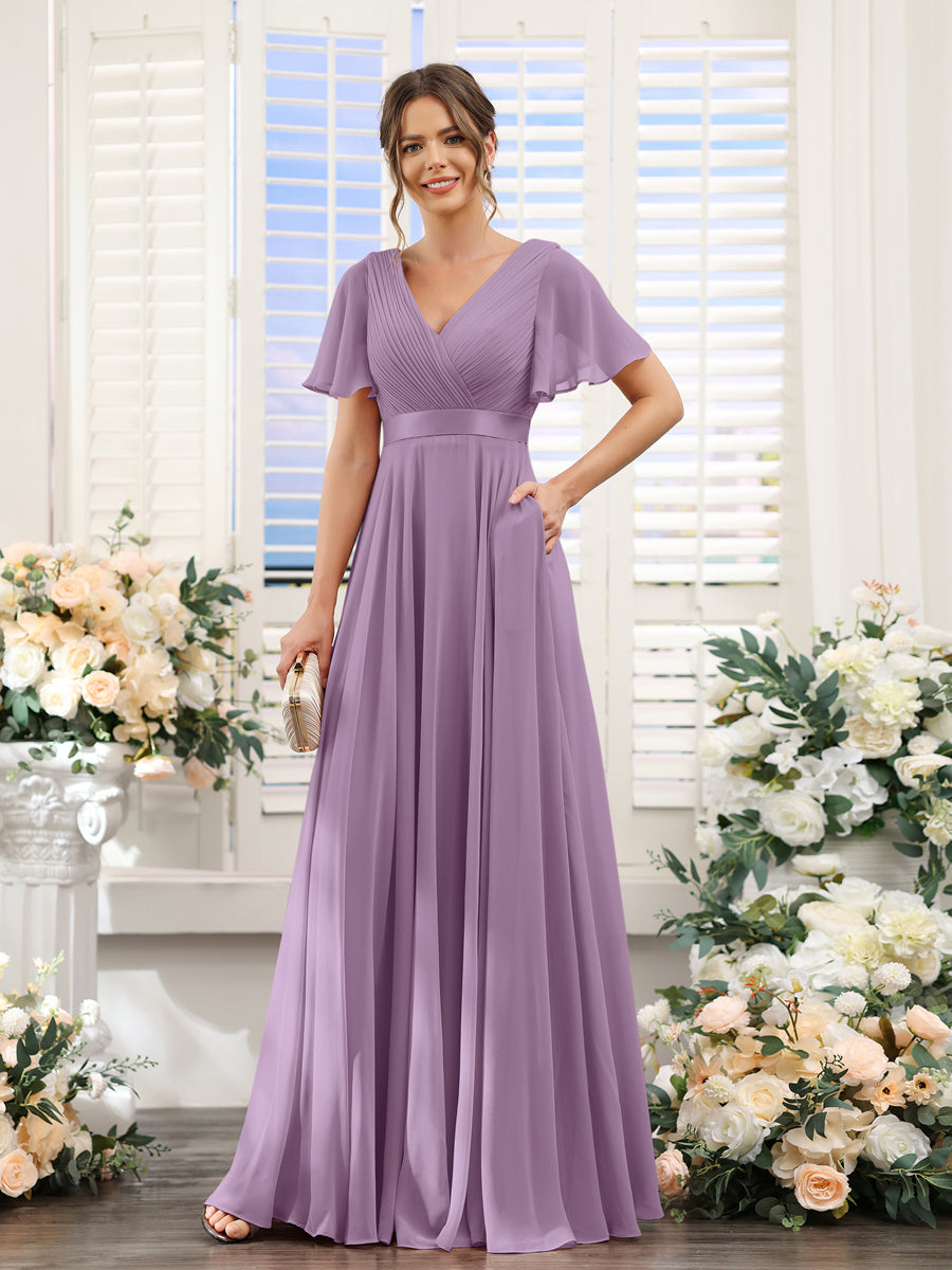 Vestidos de Dama de Honra Em Chiffon com Mangas Curtas e Decote Em V com Bolsos