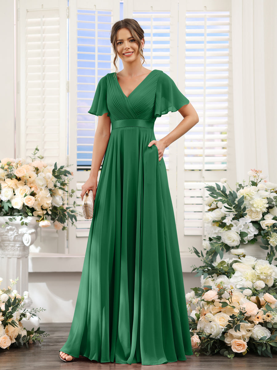 Vestidos de Dama de Honra Em Chiffon com Mangas Curtas e Decote Em V com Bolsos