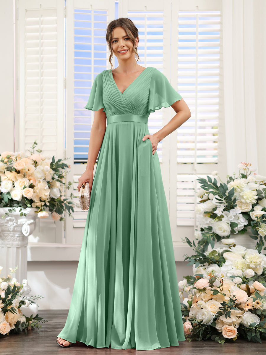 Vestidos de Dama de Honra Em Chiffon com Mangas Curtas e Decote Em V com Bolsos