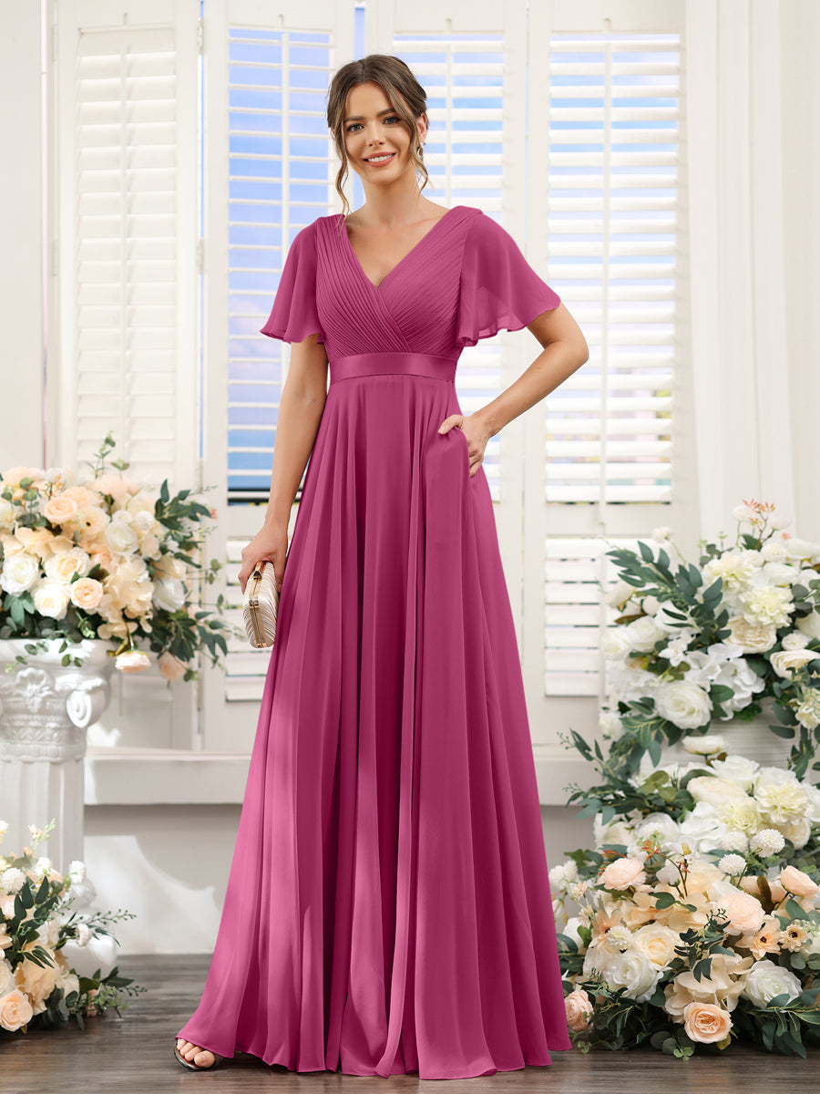 Vestidos de Dama de Honra Em Chiffon com Mangas Curtas e Decote Em V com Bolsos