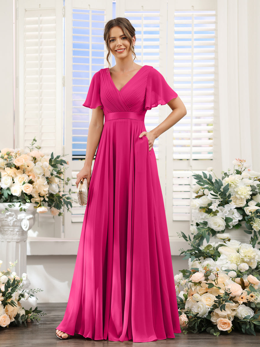 Vestidos de Dama de Honra Em Chiffon com Mangas Curtas e Decote Em V com Bolsos