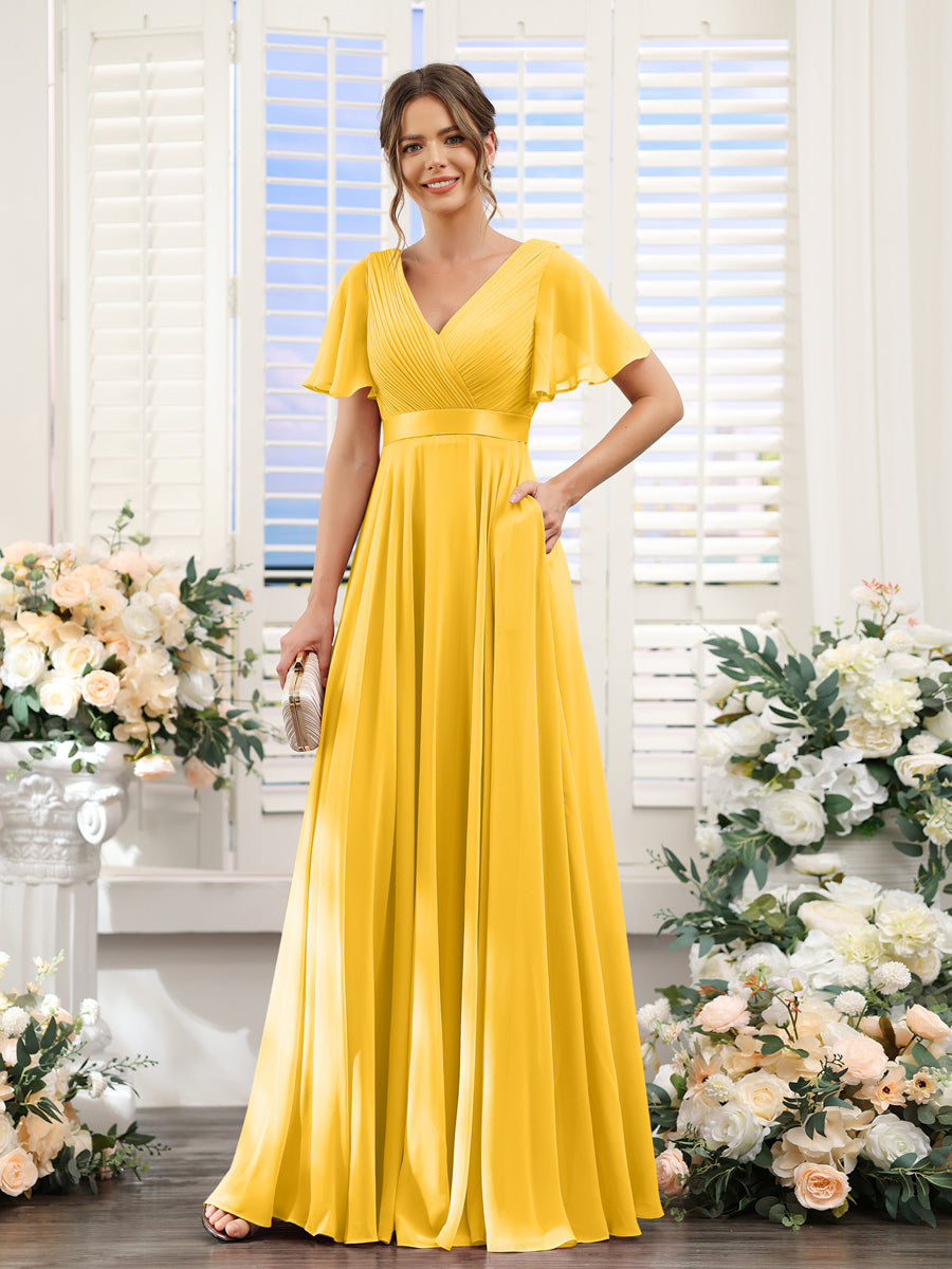 Vestidos de Dama de Honra Em Chiffon com Mangas Curtas e Decote Em V com Bolsos