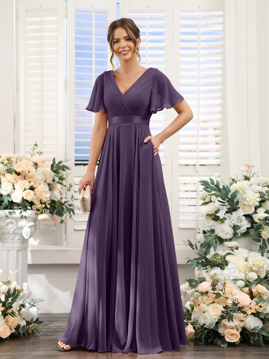 Vestidos de Dama de Honra Em Chiffon com Mangas Curtas e Decote Em V com Bolsos