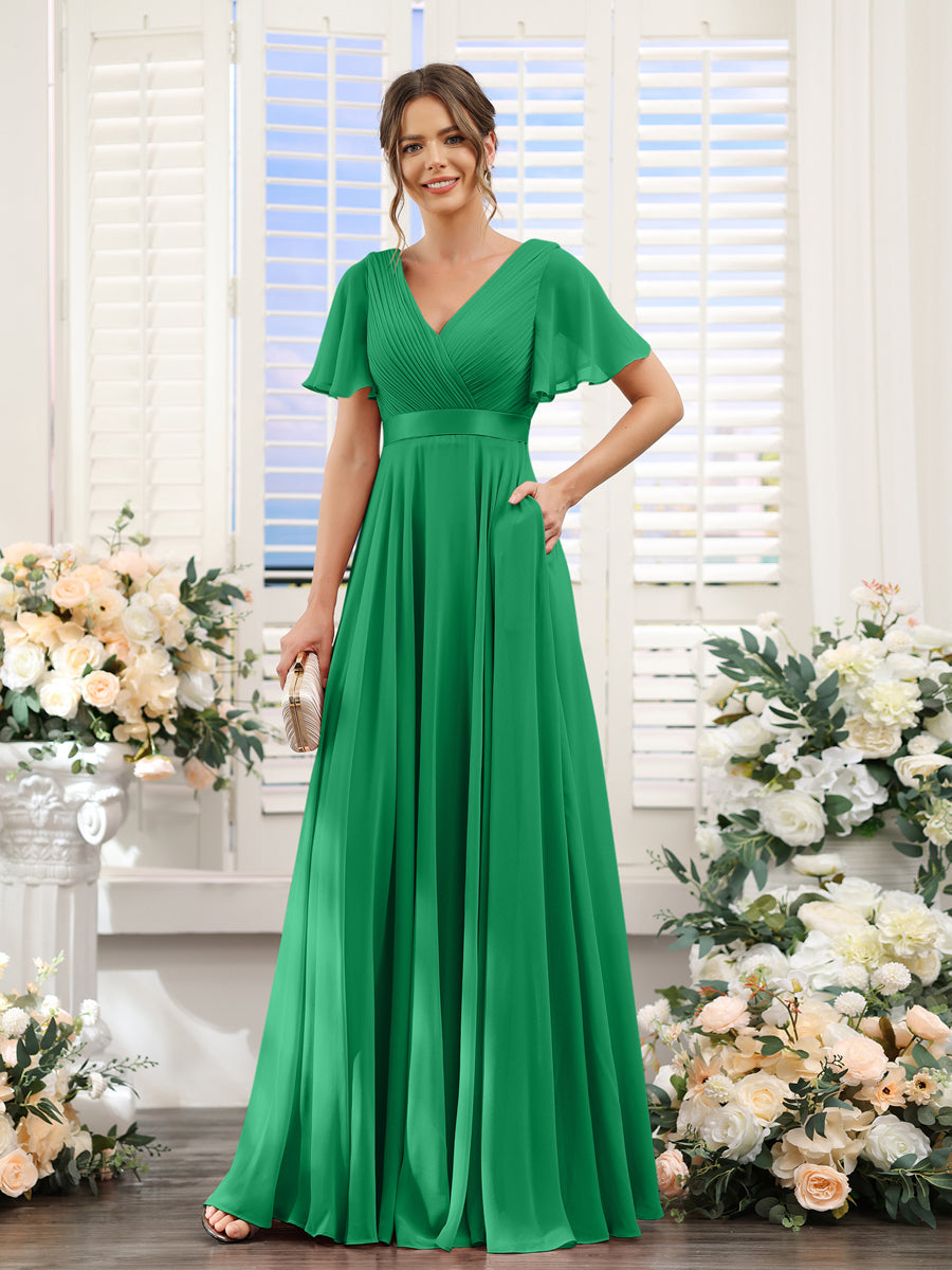 Vestidos de Dama de Honra Em Chiffon com Mangas Curtas e Decote Em V com Bolsos