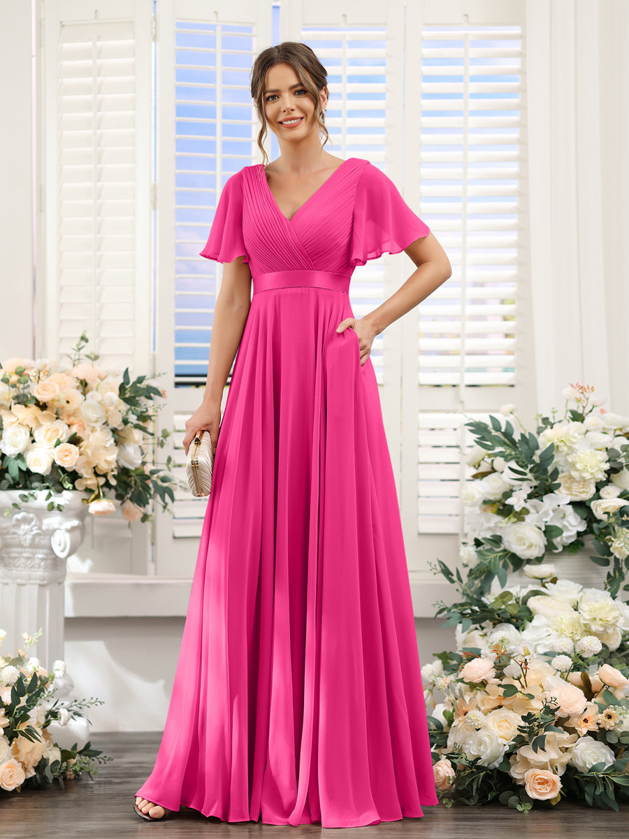 Vestidos de Dama de Honra Em Chiffon com Mangas Curtas e Decote Em V com Bolsos