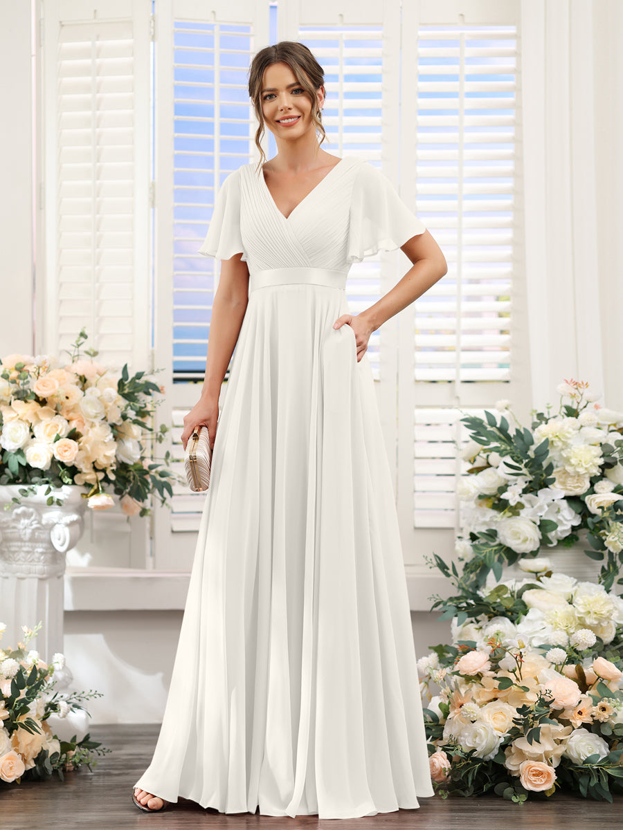 Vestidos de Dama de Honra Em Chiffon com Mangas Curtas e Decote Em V com Bolsos