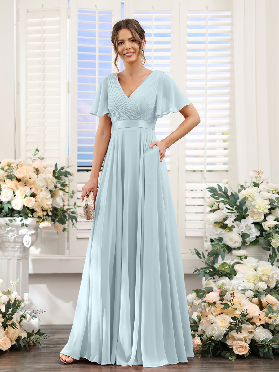 Vestidos de Dama de Honra Em Chiffon com Mangas Curtas e Decote Em V com Bolsos