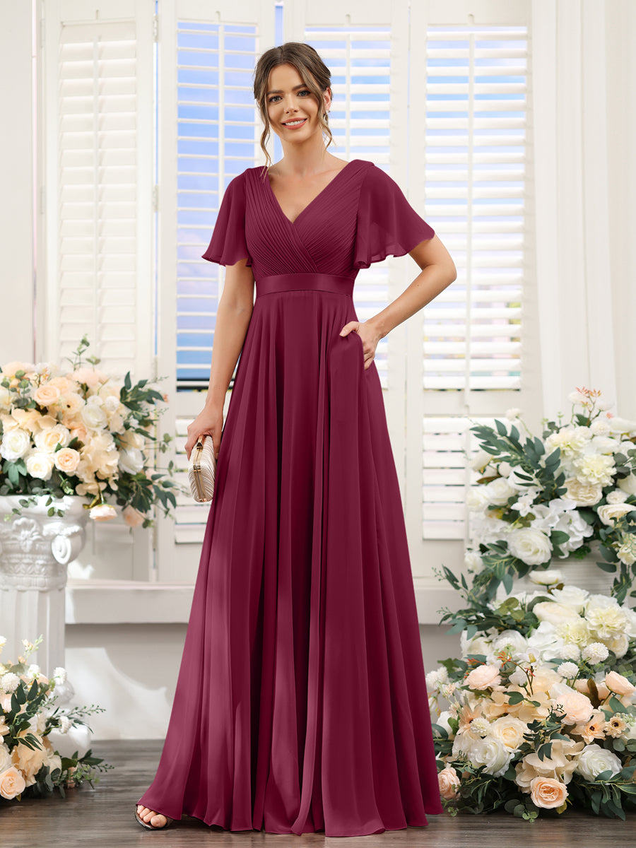 Vestidos de Dama de Honra Em Chiffon com Mangas Curtas e Decote Em V com Bolsos
