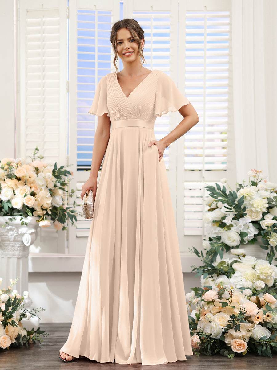 Vestidos de Dama de Honra Em Chiffon com Mangas Curtas e Decote Em V com Bolsos