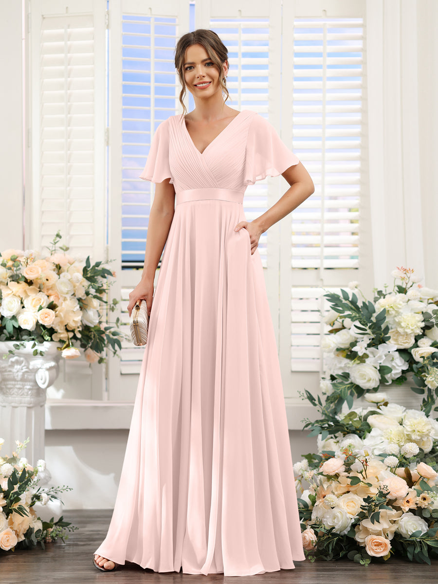 Vestidos de Dama de Honra Em Chiffon com Mangas Curtas e Decote Em V com Bolsos