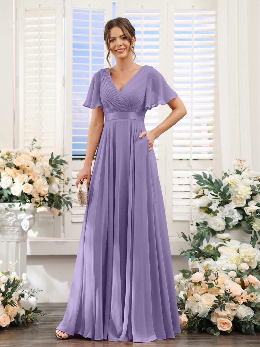 Vestidos de Dama de Honra Em Chiffon com Mangas Curtas e Decote Em V com Bolsos