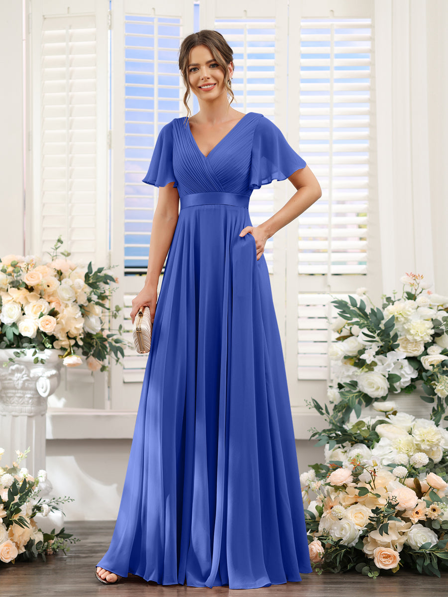 Vestidos de Dama de Honra Em Chiffon com Mangas Curtas e Decote Em V com Bolsos