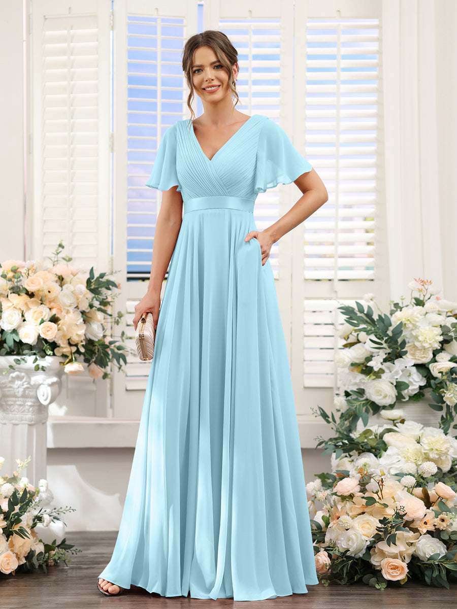 Vestidos de Dama de Honra Em Chiffon com Mangas Curtas e Decote Em V com Bolsos