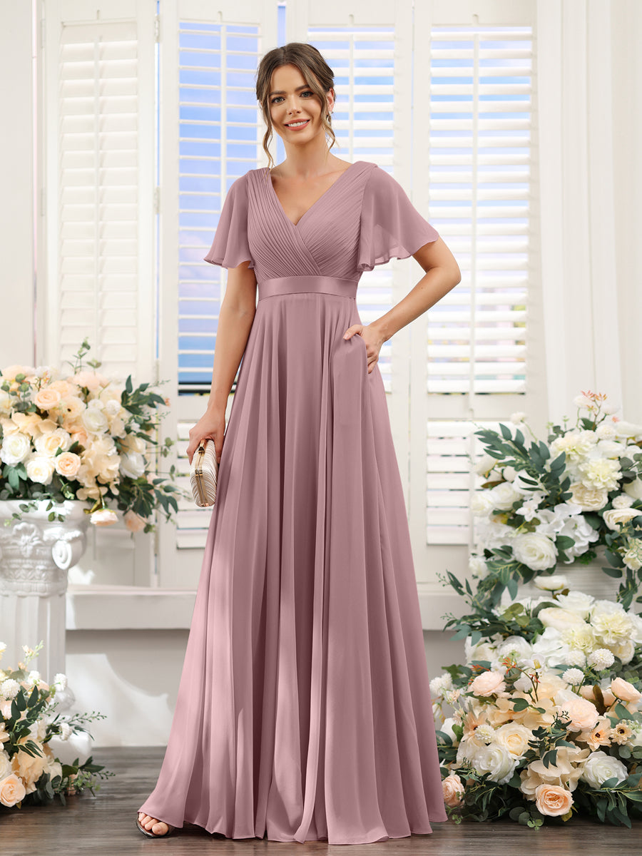 Vestidos de Dama de Honra Em Chiffon com Mangas Curtas e Decote Em V com Bolsos