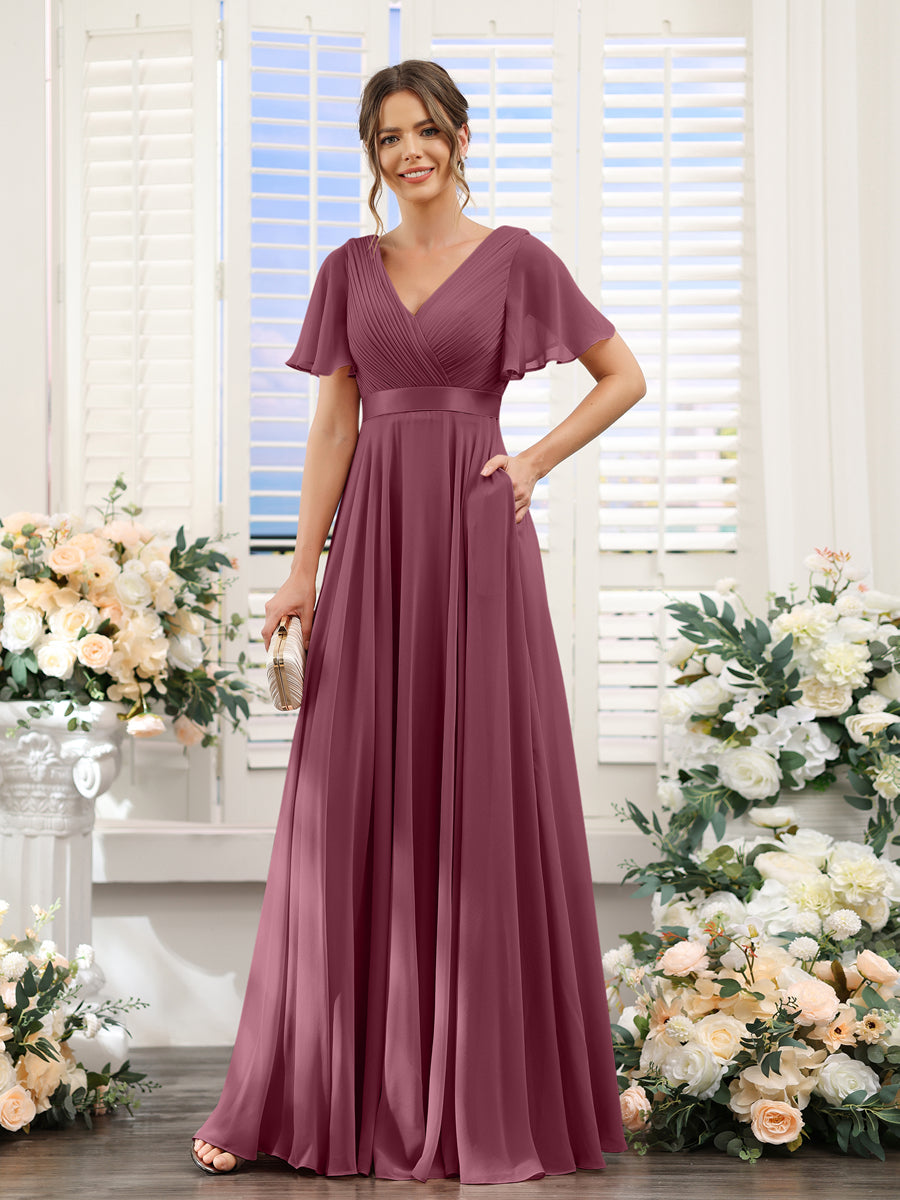 Vestidos de Dama de Honra Em Chiffon com Mangas Curtas e Decote Em V com Bolsos