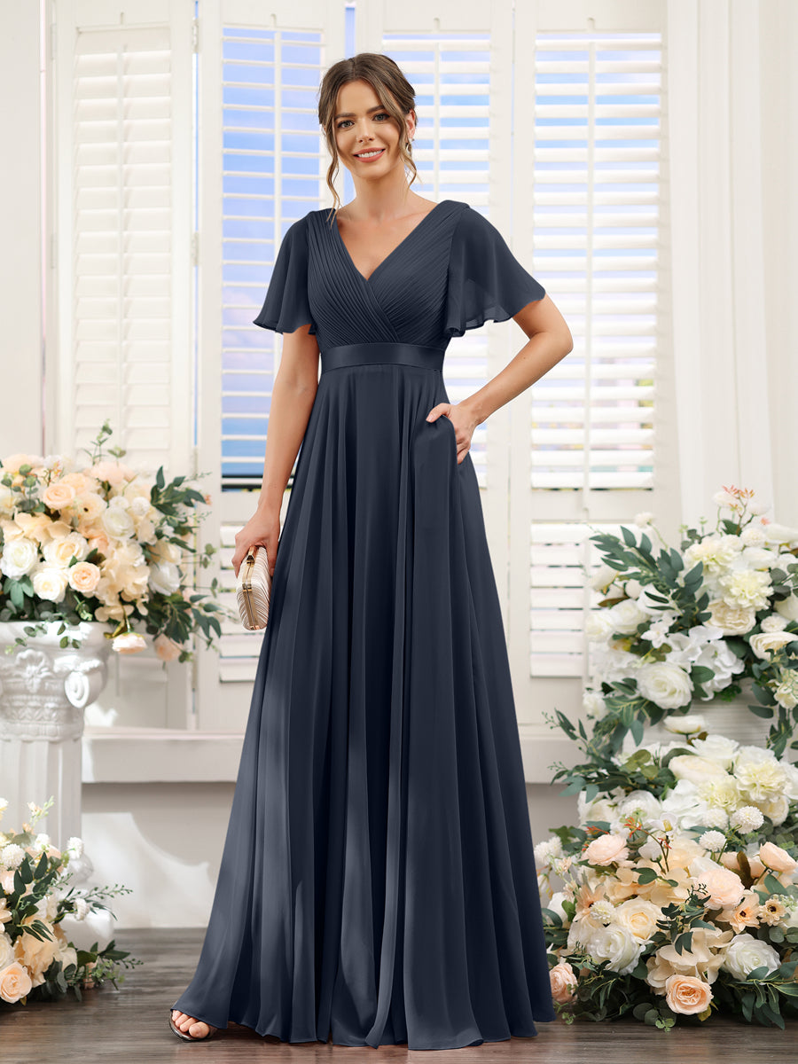 Vestidos de Dama de Honra Em Chiffon com Mangas Curtas e Decote Em V com Bolsos