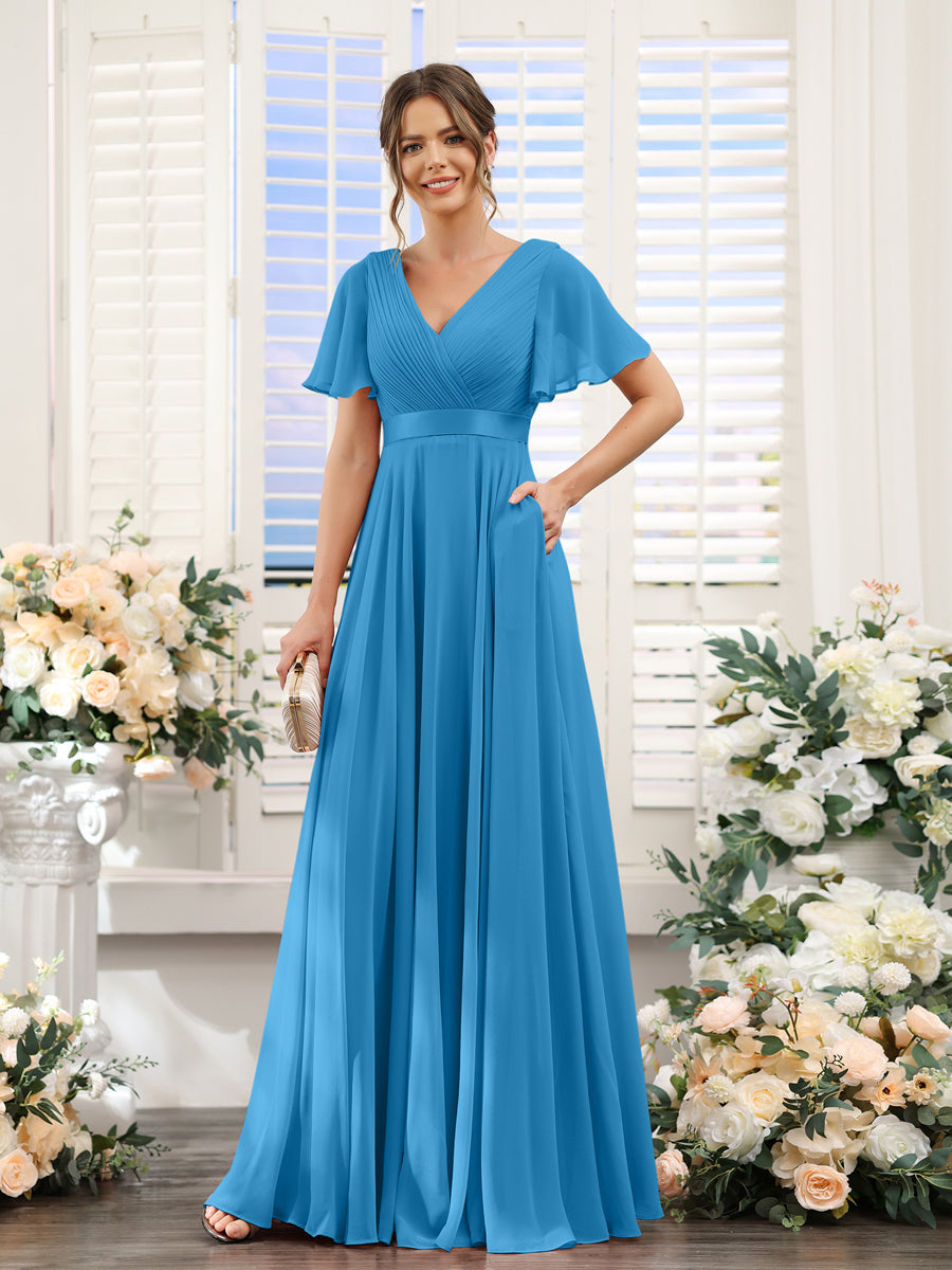 Vestidos de Dama de Honra Em Chiffon com Mangas Curtas e Decote Em V com Bolsos