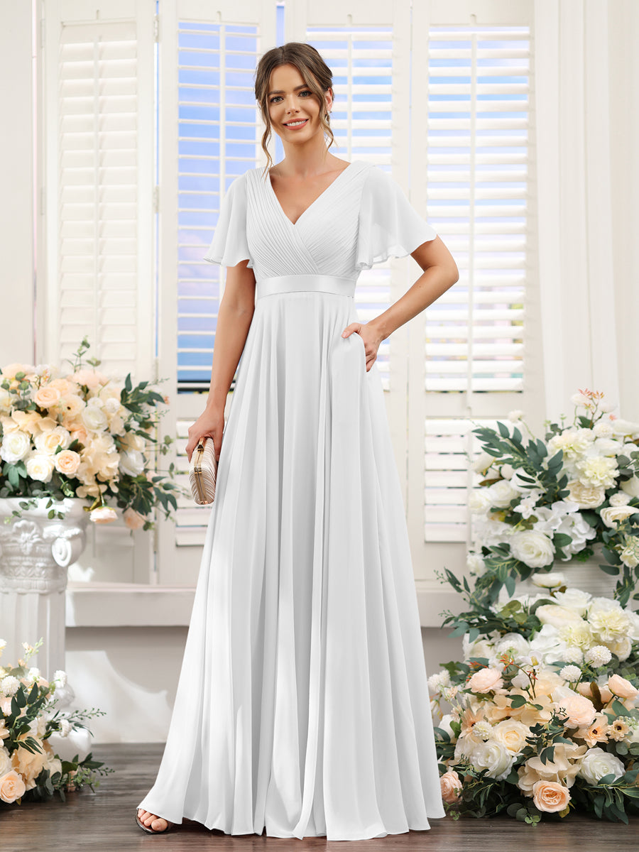 Vestidos de Dama de Honra Em Chiffon com Mangas Curtas e Decote Em V com Bolsos