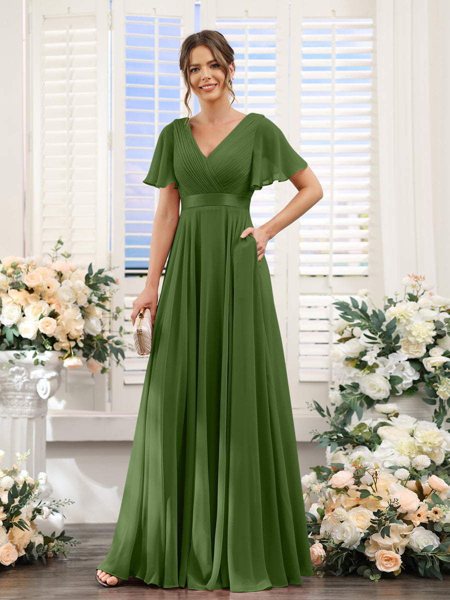 Vestidos de Dama de Honra Em Chiffon com Mangas Curtas e Decote Em V com Bolsos