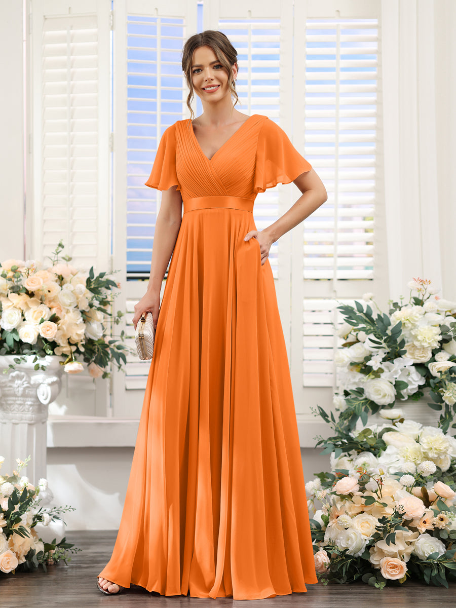 Vestidos de Dama de Honra Em Chiffon com Mangas Curtas e Decote Em V com Bolsos