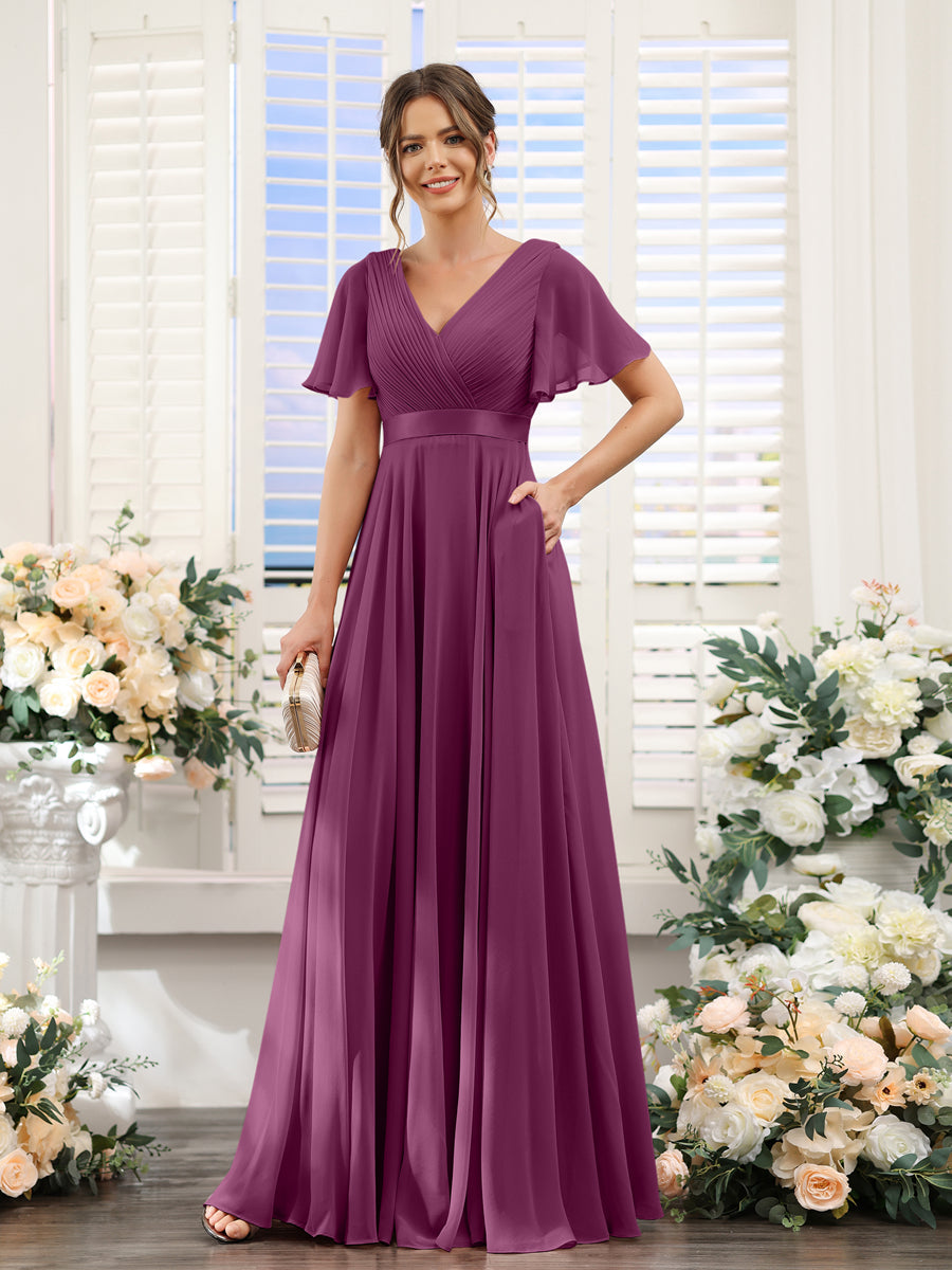 Vestidos de Dama de Honra Em Chiffon com Mangas Curtas e Decote Em V com Bolsos