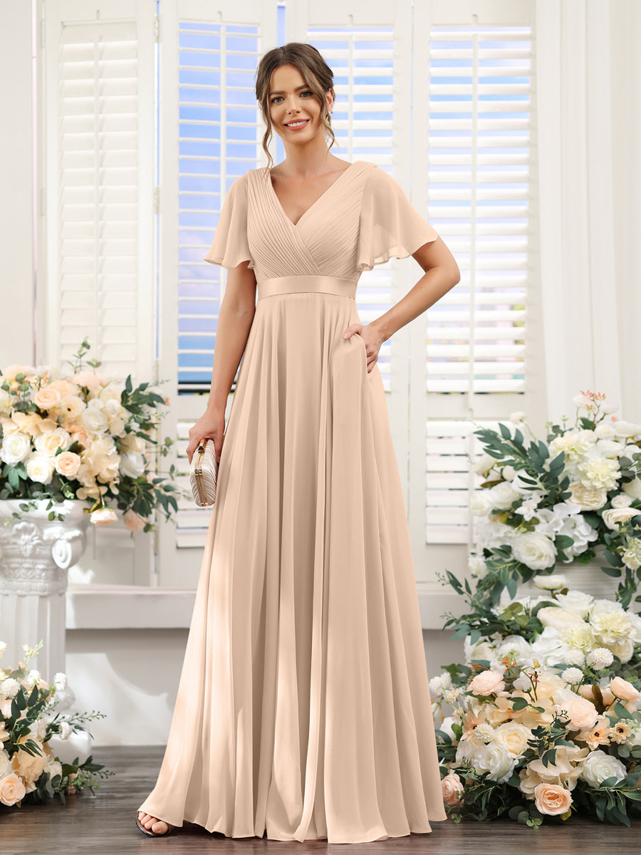Vestidos de Dama de Honra Em Chiffon com Mangas Curtas e Decote Em V com Bolsos
