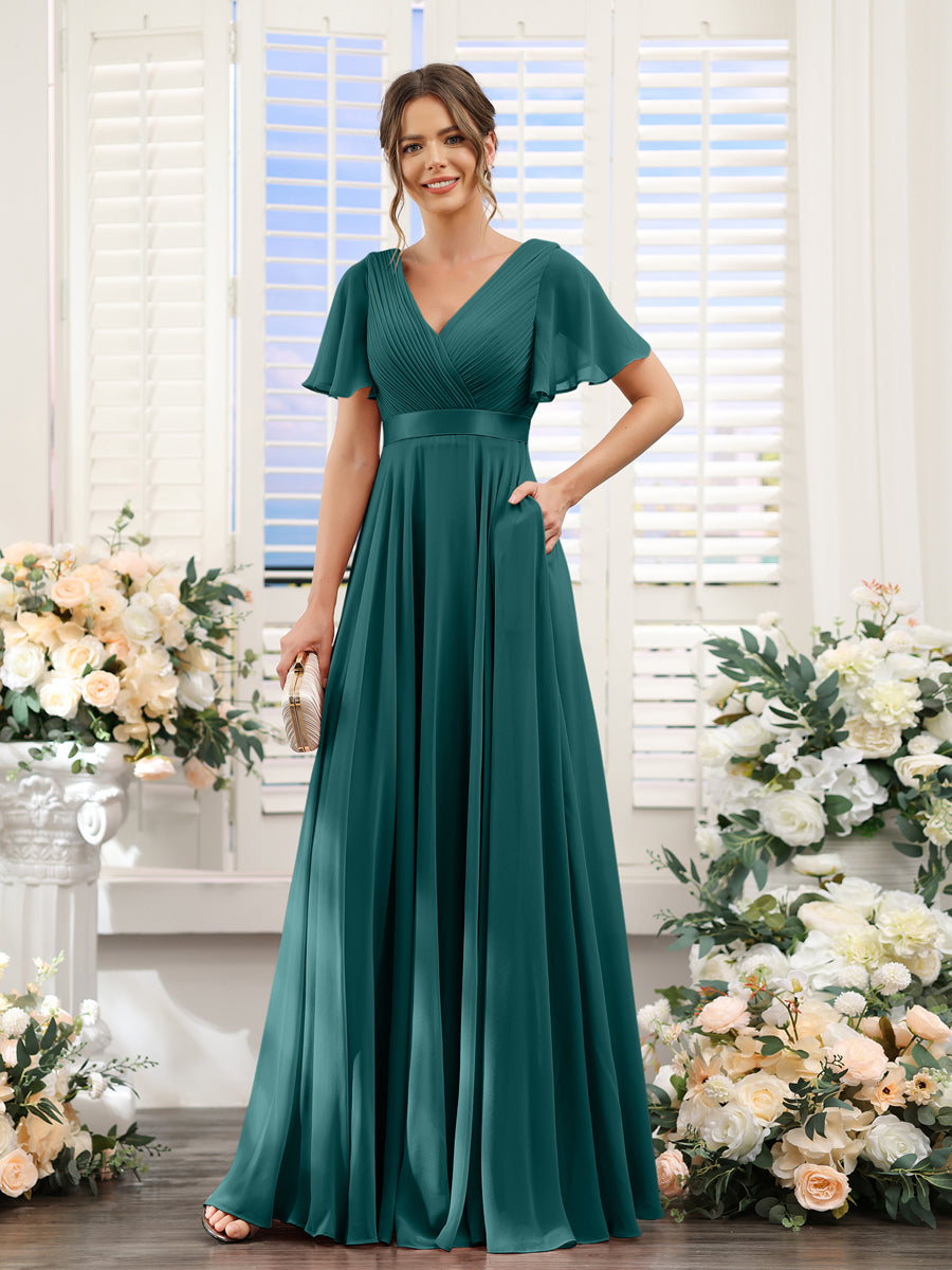 Vestidos de Dama de Honra Em Chiffon com Mangas Curtas e Decote Em V com Bolsos