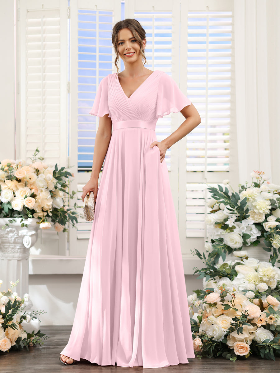 Vestidos de Dama de Honra Em Chiffon com Mangas Curtas e Decote Em V com Bolsos