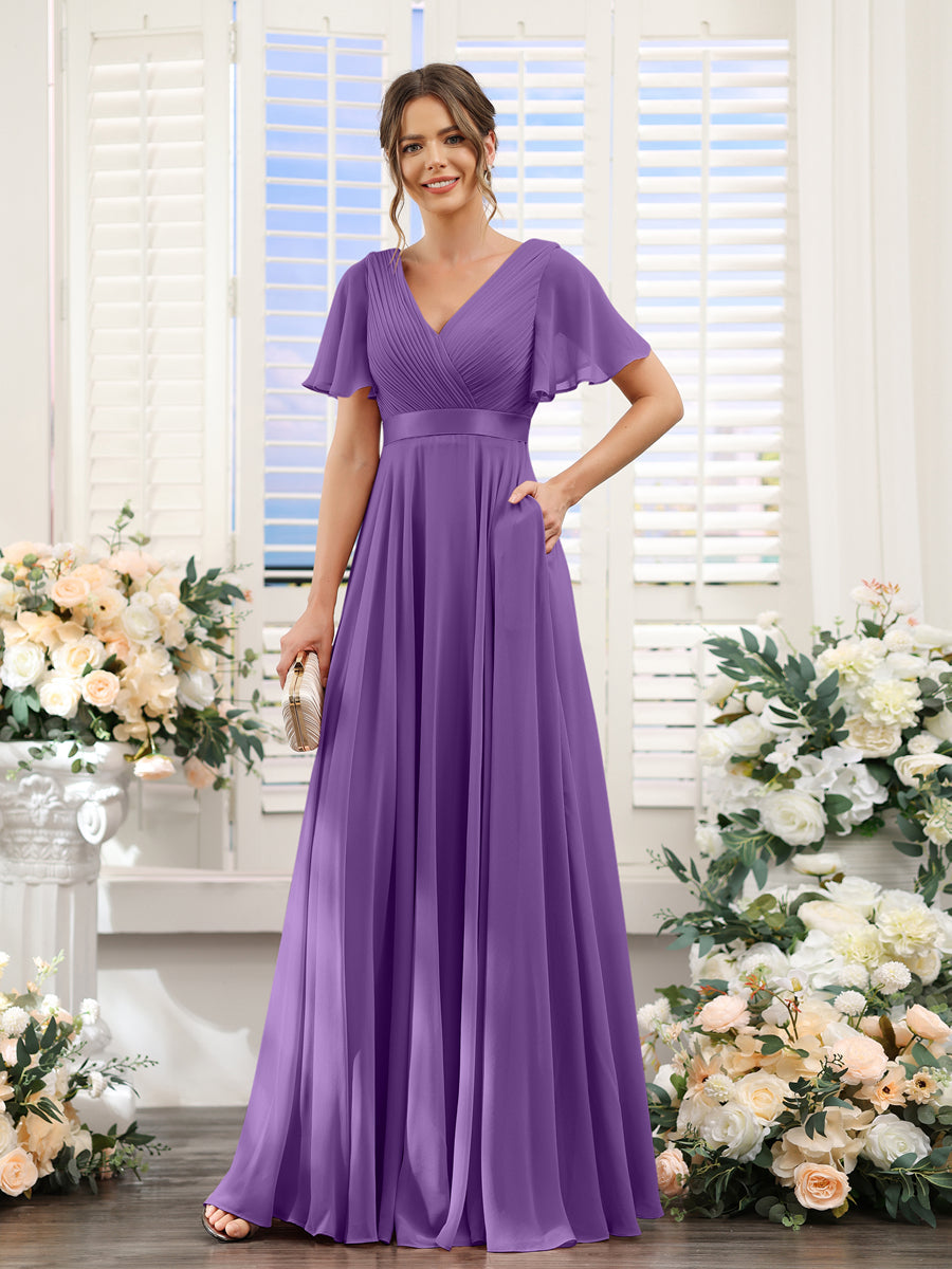 Vestidos de Dama de Honra Em Chiffon com Mangas Curtas e Decote Em V com Bolsos