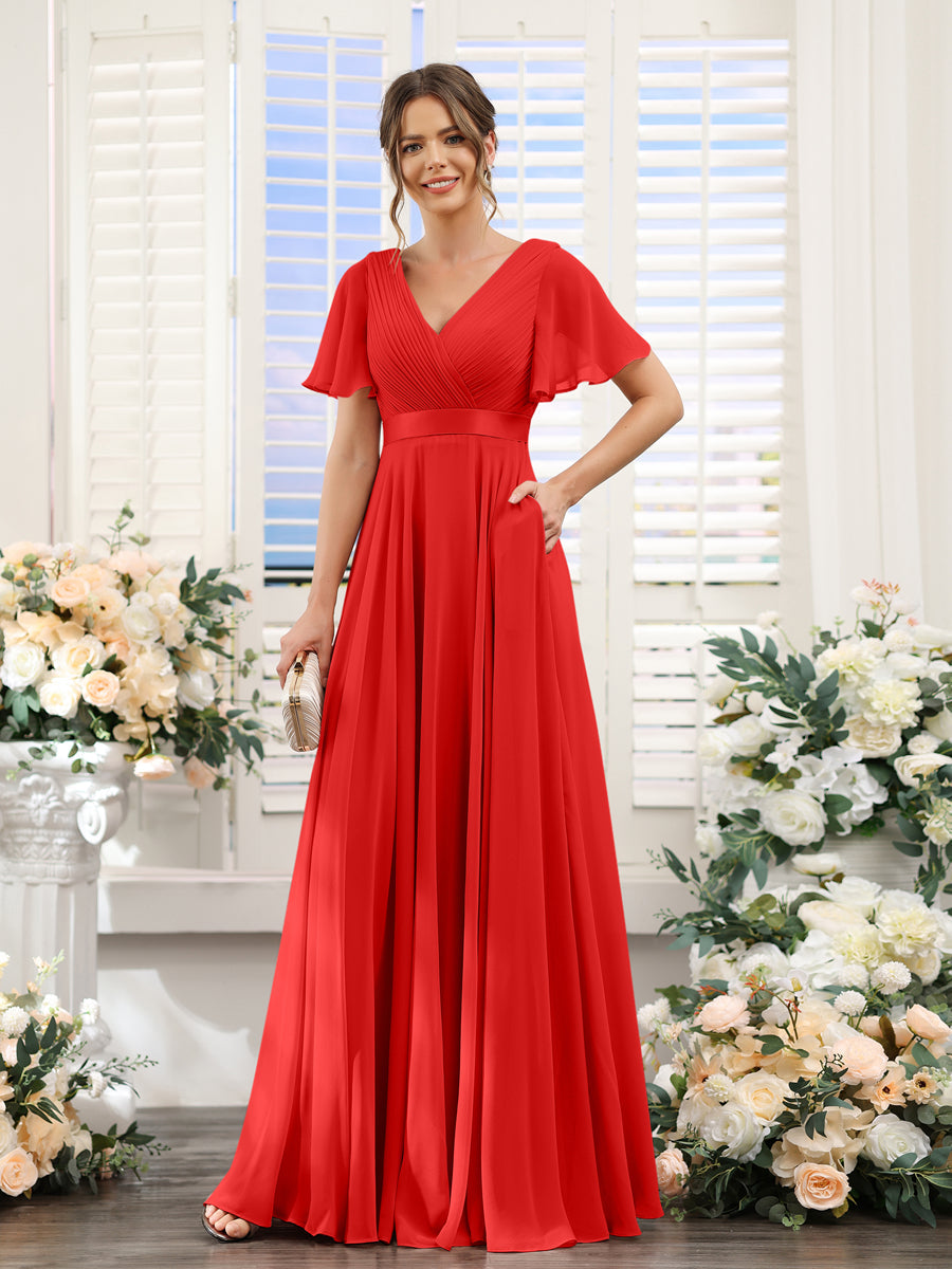 Vestidos de Dama de Honra Em Chiffon com Mangas Curtas e Decote Em V com Bolsos