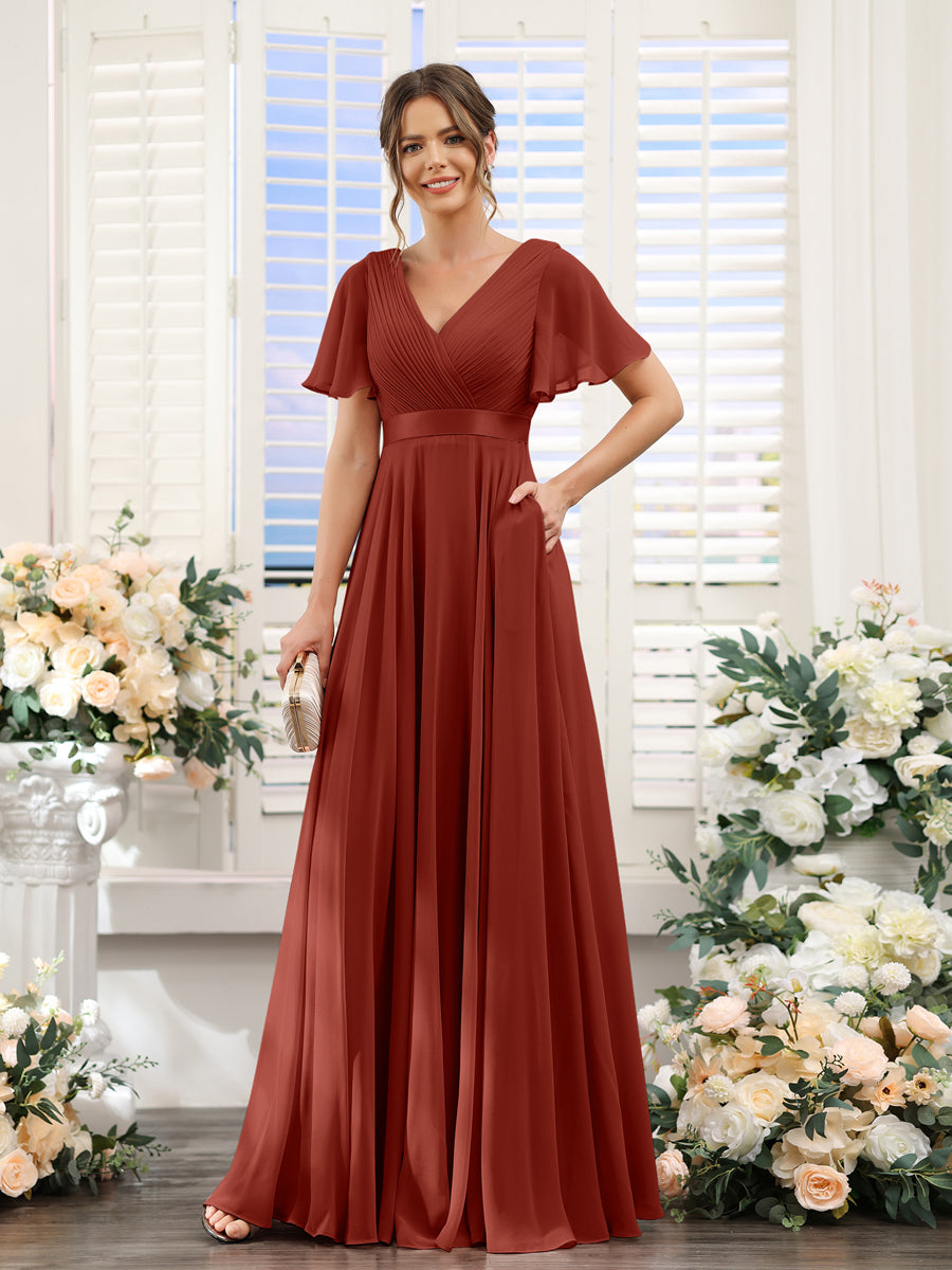 Vestidos de Dama de Honra Em Chiffon com Mangas Curtas e Decote Em V com Bolsos
