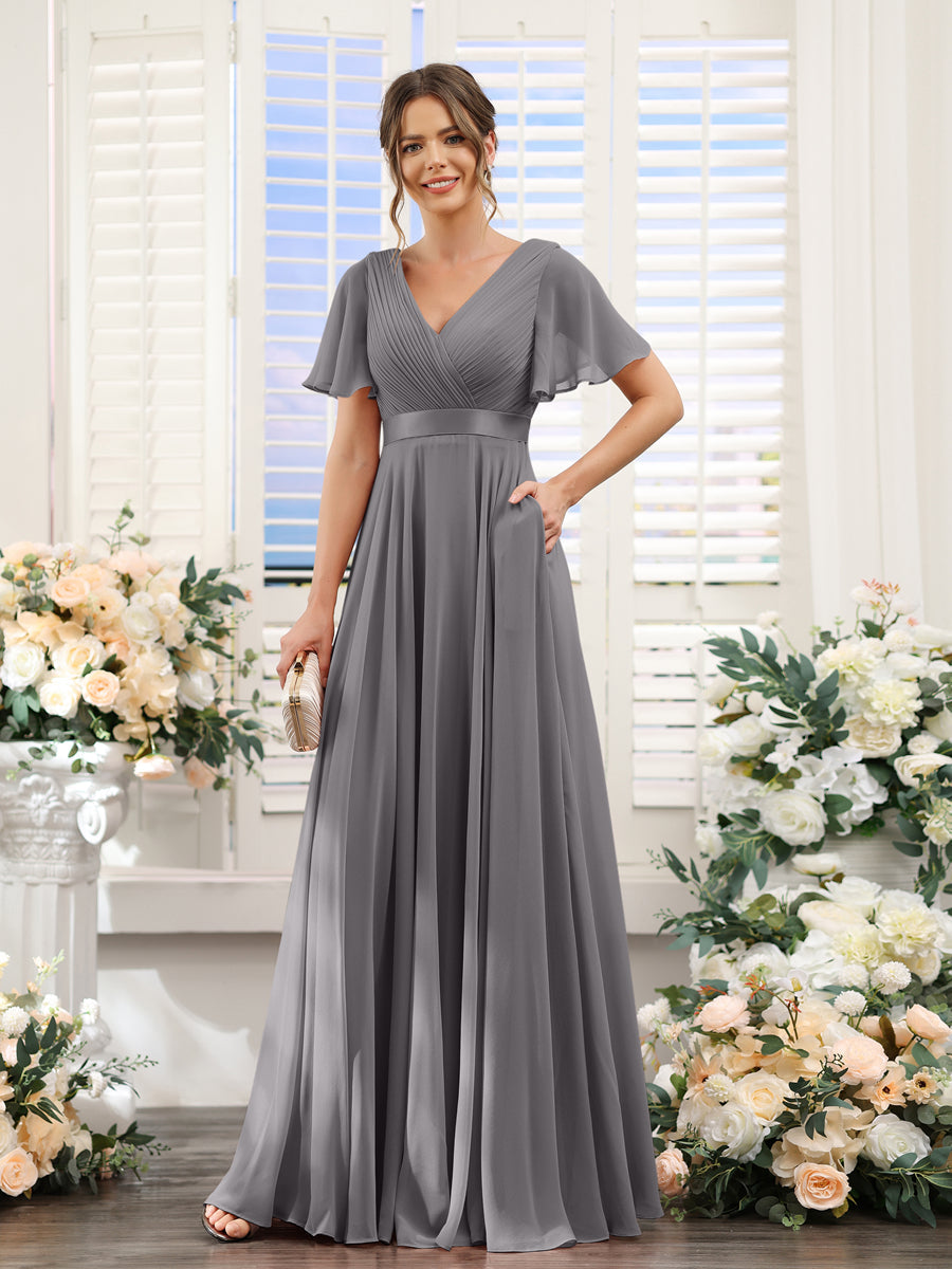 Vestidos de Dama de Honra Em Chiffon com Mangas Curtas e Decote Em V com Bolsos