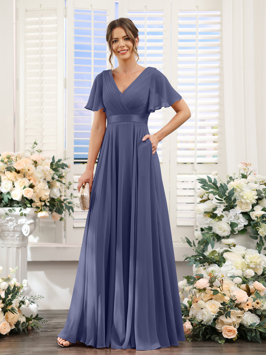 Vestidos de Dama de Honra Em Chiffon com Mangas Curtas e Decote Em V com Bolsos