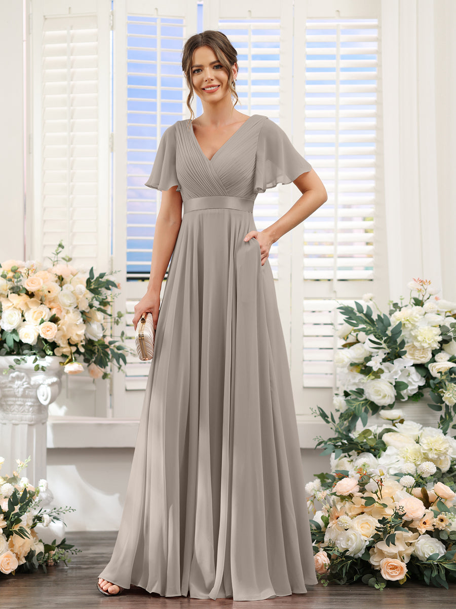 Vestidos de Dama de Honra Em Chiffon com Mangas Curtas e Decote Em V com Bolsos