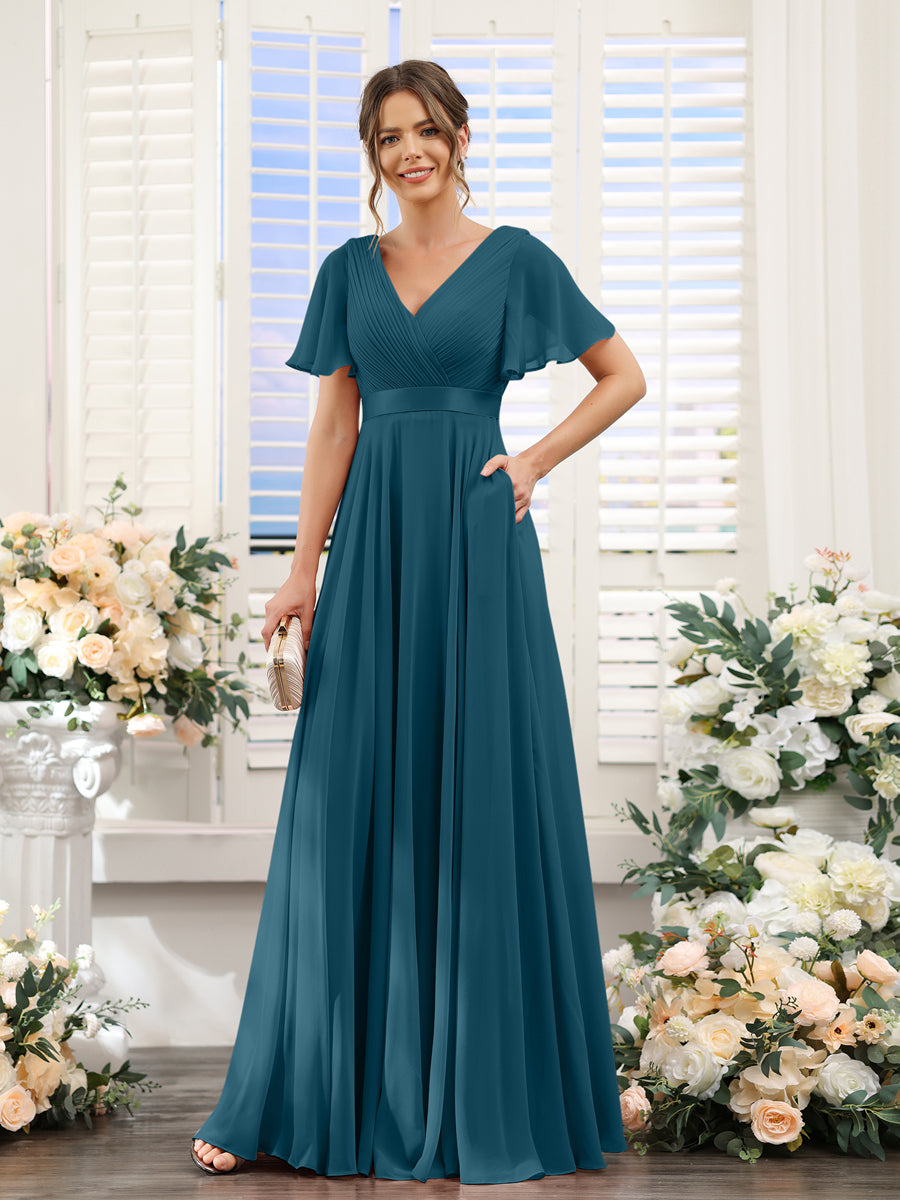 Vestidos de Dama de Honra Em Chiffon com Mangas Curtas e Decote Em V com Bolsos