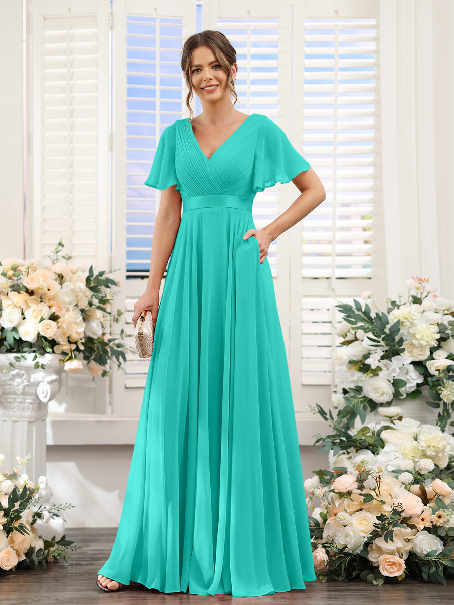 Vestidos de Dama de Honra Em Chiffon com Mangas Curtas e Decote Em V com Bolsos
