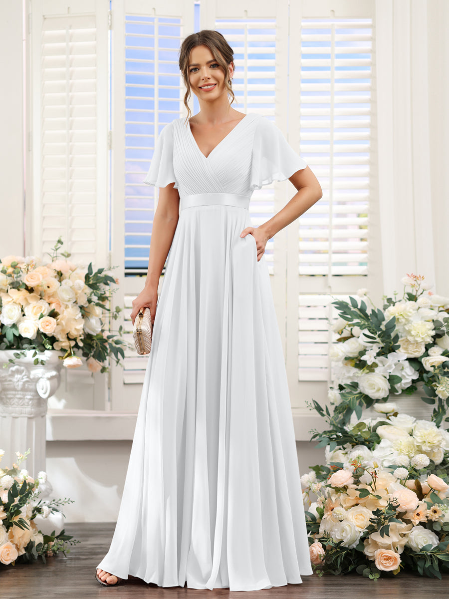 Vestidos de Dama de Honra Em Chiffon com Mangas Curtas e Decote Em V com Bolsos