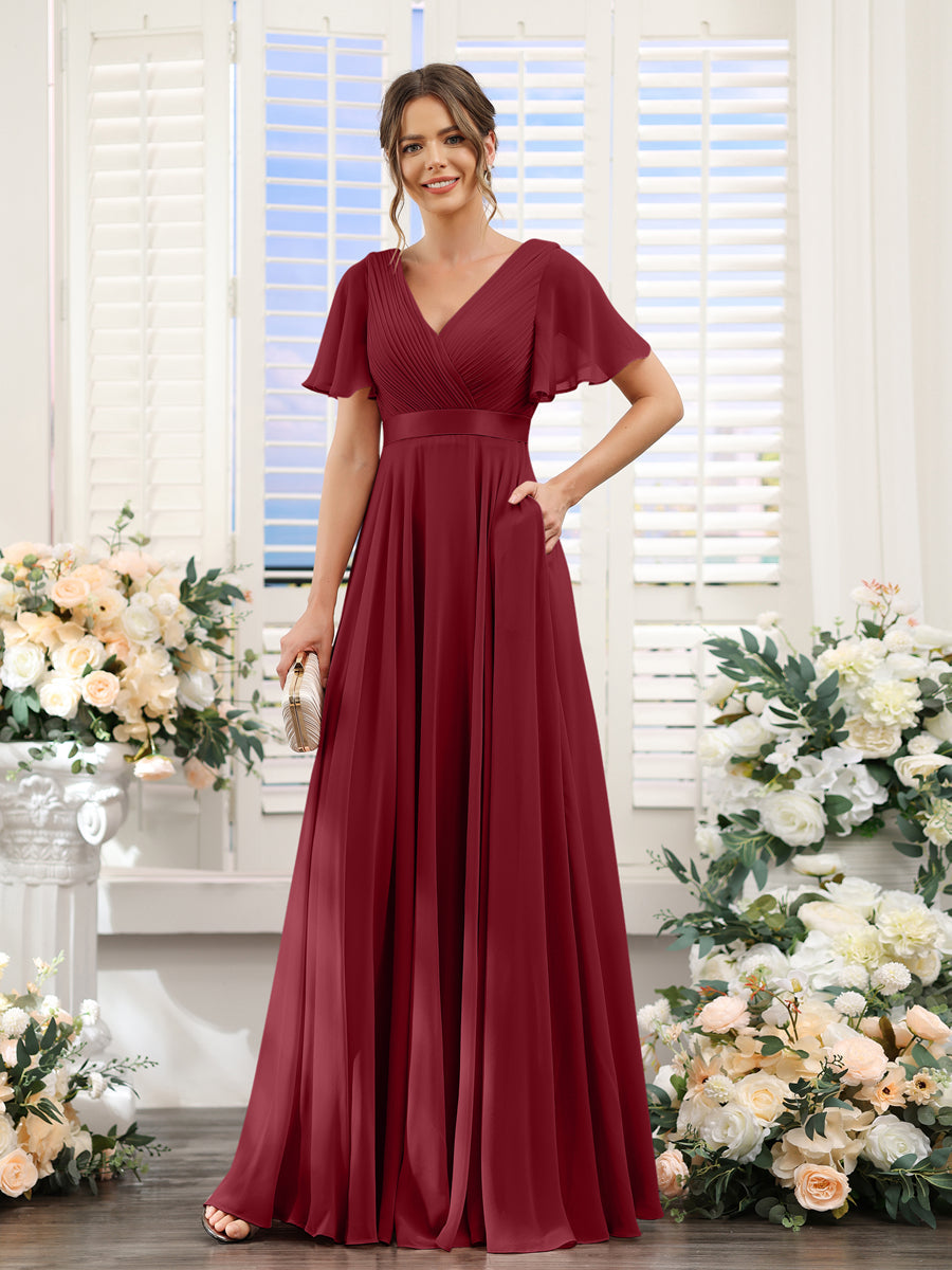 Vestidos de Dama de Honra Em Chiffon com Mangas Curtas e Decote Em V com Bolsos